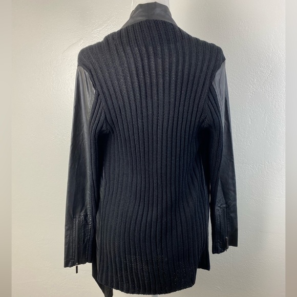 Melissa McCarthy Seven 7 Black Faux Leather Ribbed Knit Cardigan Sweater Small - Picture 2 of 16